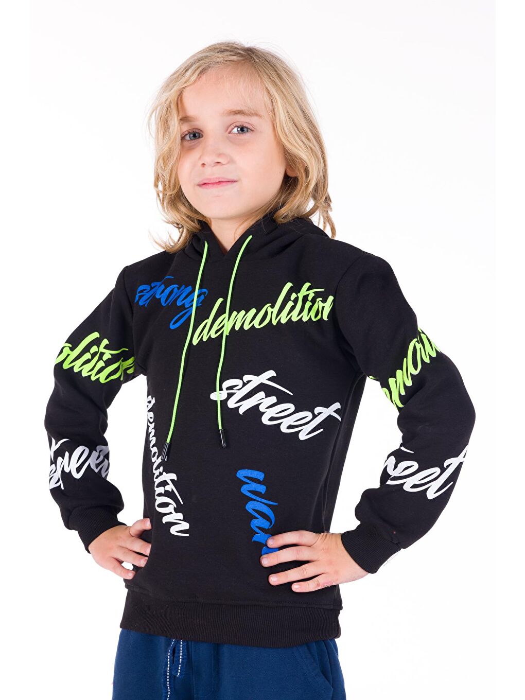 Siyah Erkek Çocuk Strong Yazı Baskılı Kapüşonlu Sweatshirt 14138