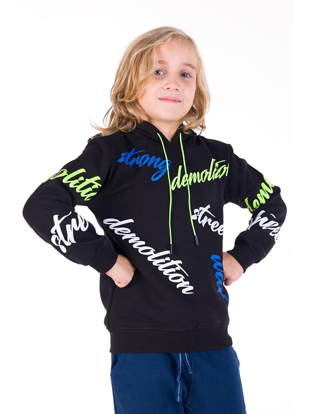 Siyah Erkek Çocuk Strong Yazı Baskılı Kapüşonlu Sweatshirt 14138-1