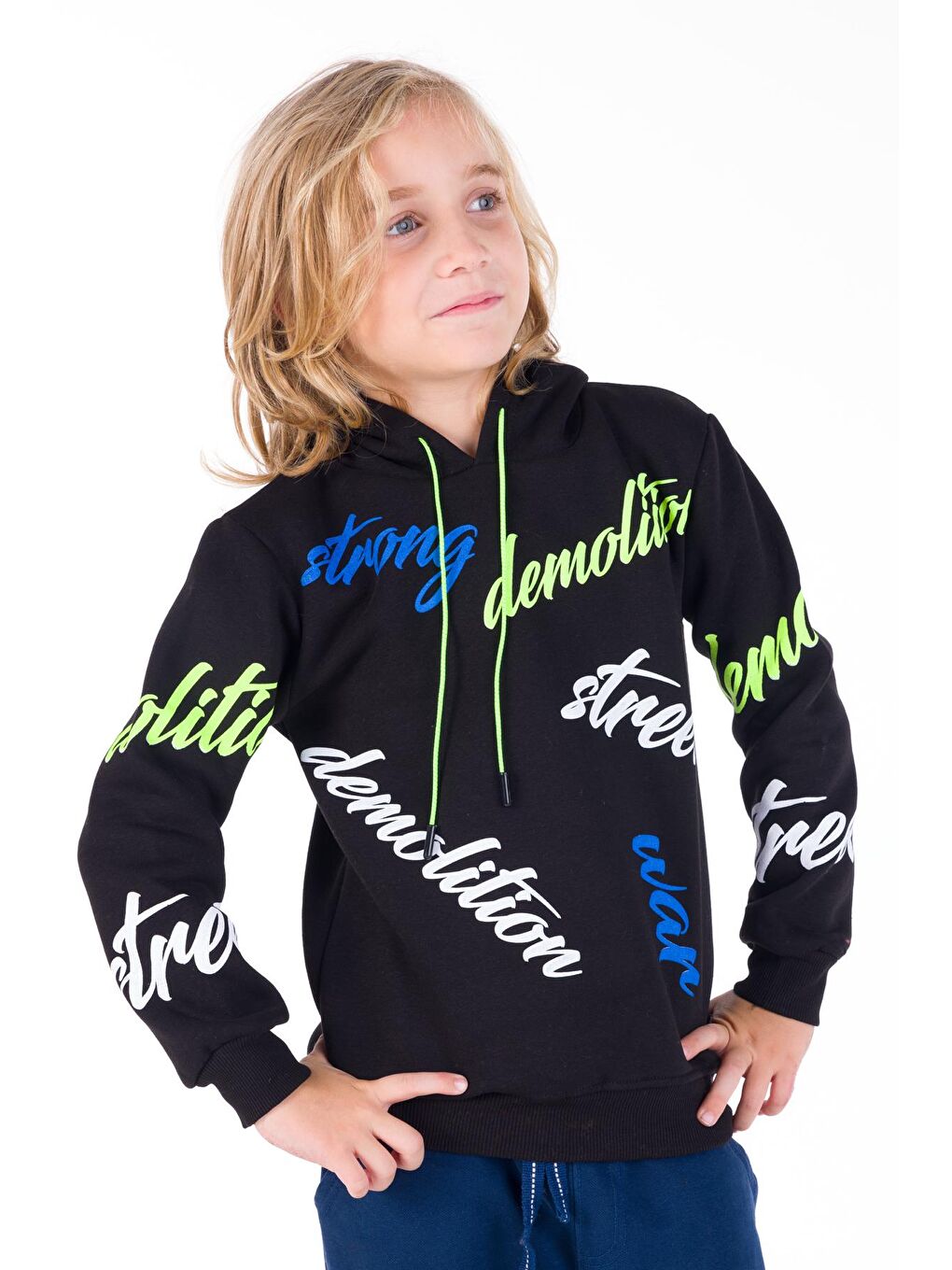 Siyah Erkek Çocuk Strong Yazı Baskılı Kapüşonlu Sweatshirt 14138-2