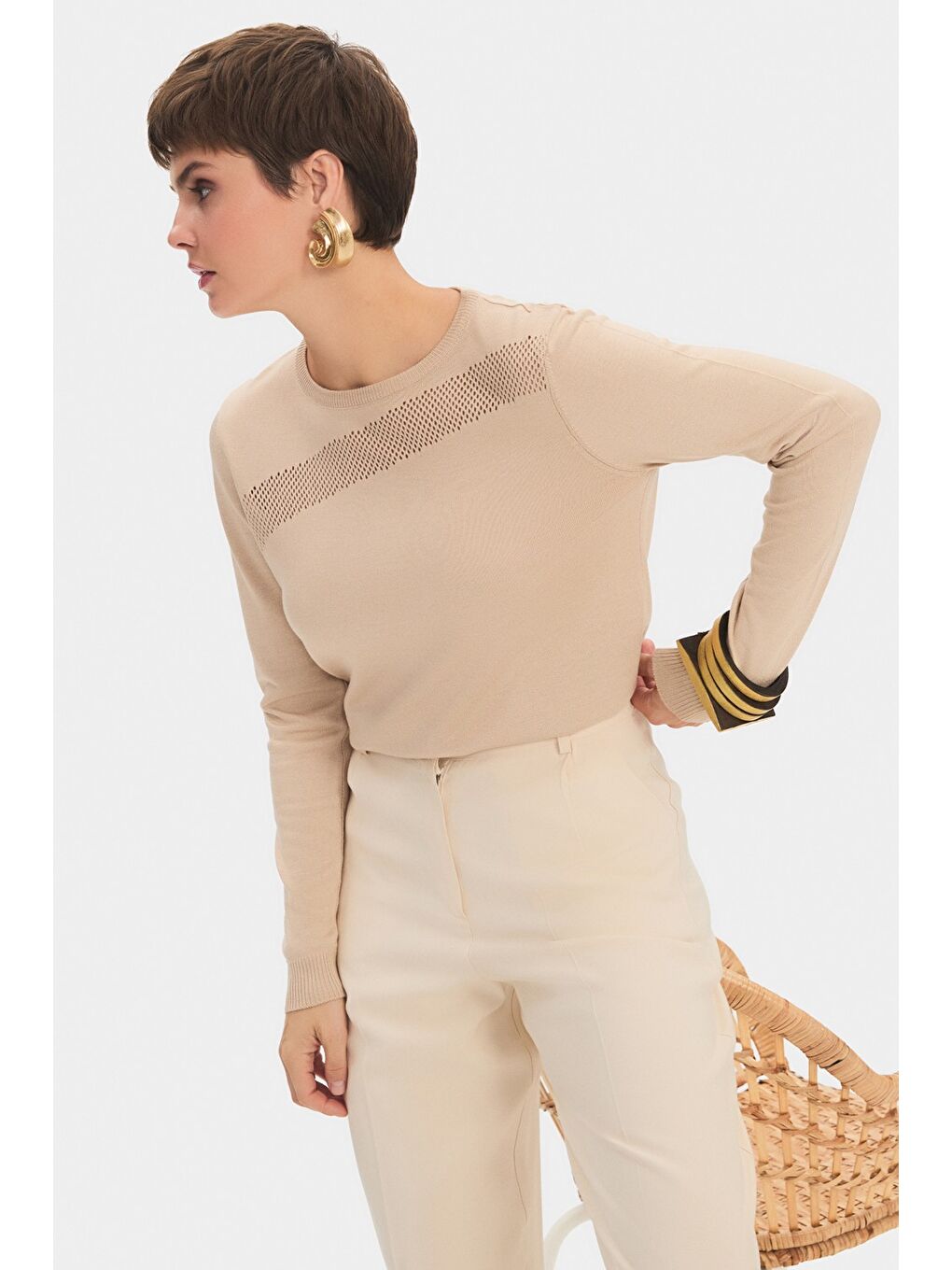 Pembe Kadın Exclusive Ajur Detaylı Viskon Karışımlı Triko Kazak-2