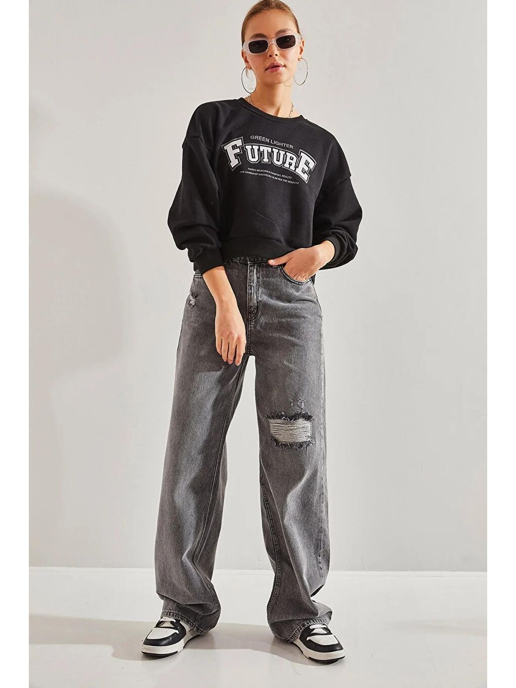 Gri Kadın Yıkamalı Palazzo Pençli Pantolon