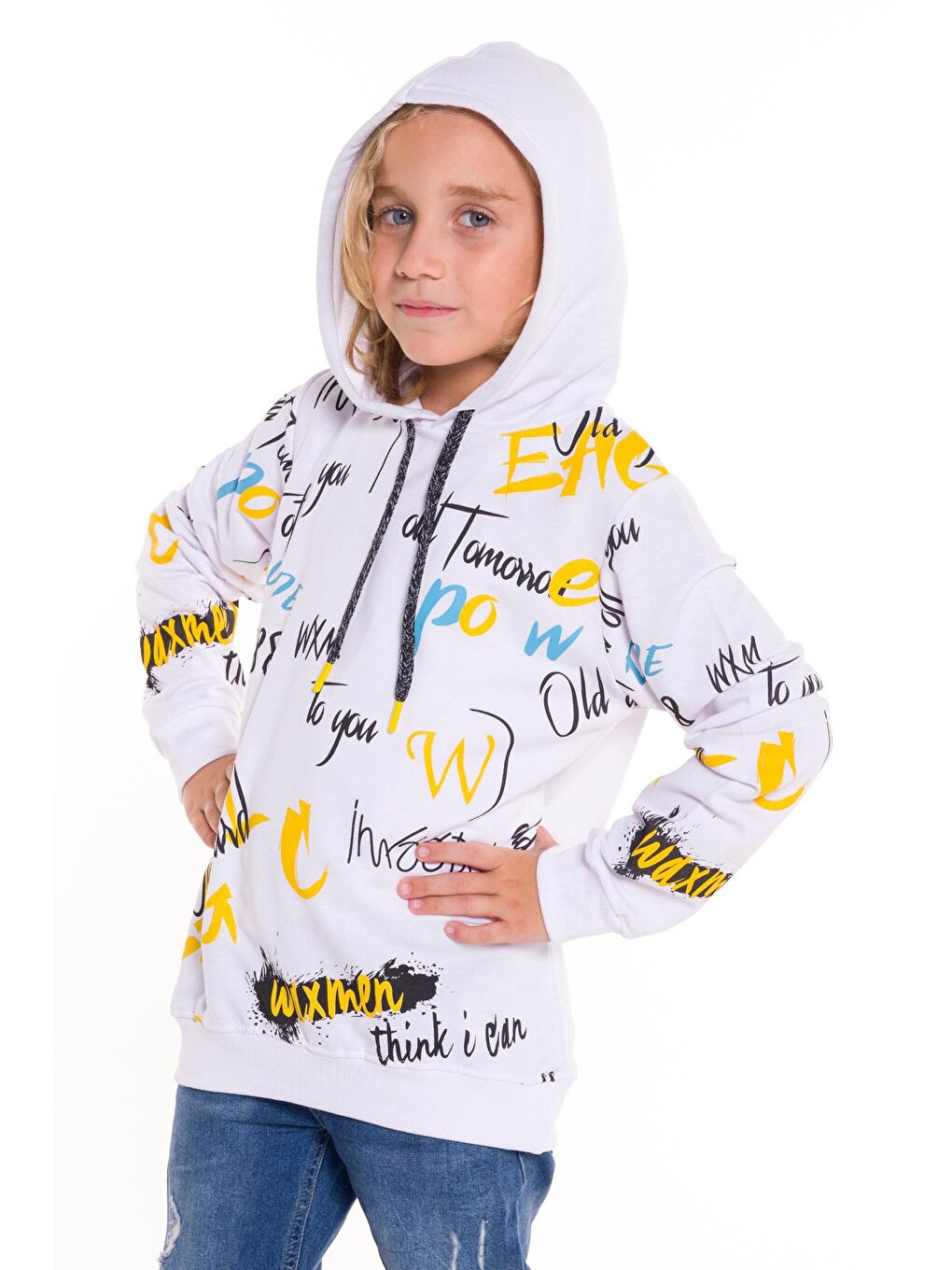 Beyaz Erkek Çocuk Kapüşonlu 2 İplik Sweatshirt 9-14 Yaş 14027-1