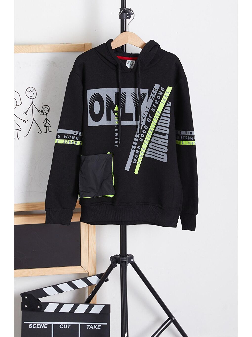 Siyah Erkek Çocuk Only Yazı Baskılı Polarlı Kapüşonlu Sweatshirt 14603