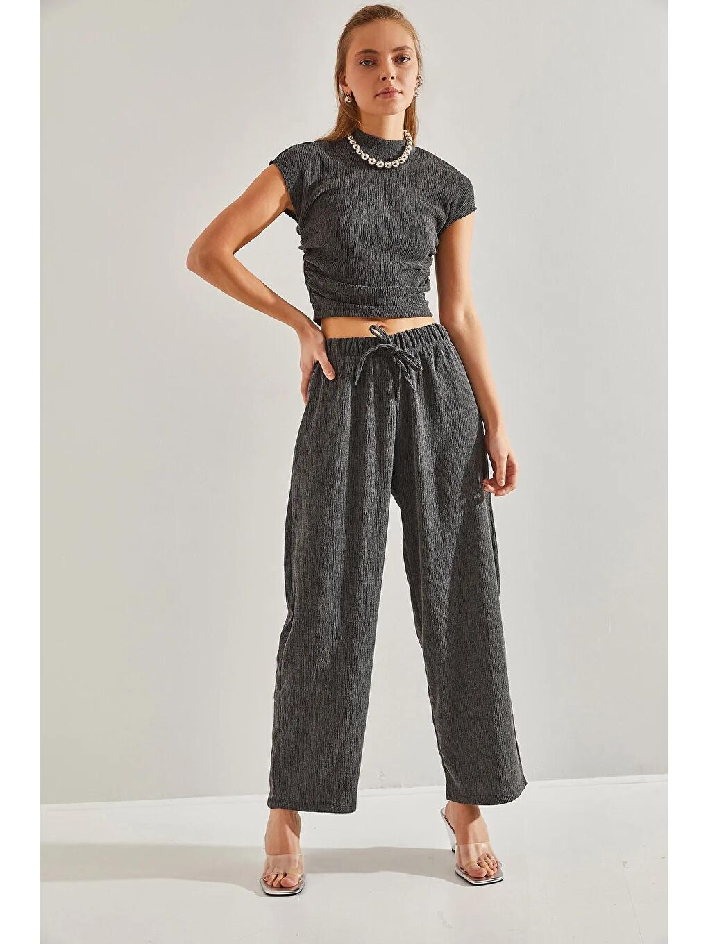 Antrasit Kadın Yıkamalı Fitilli Alt Üst Takım