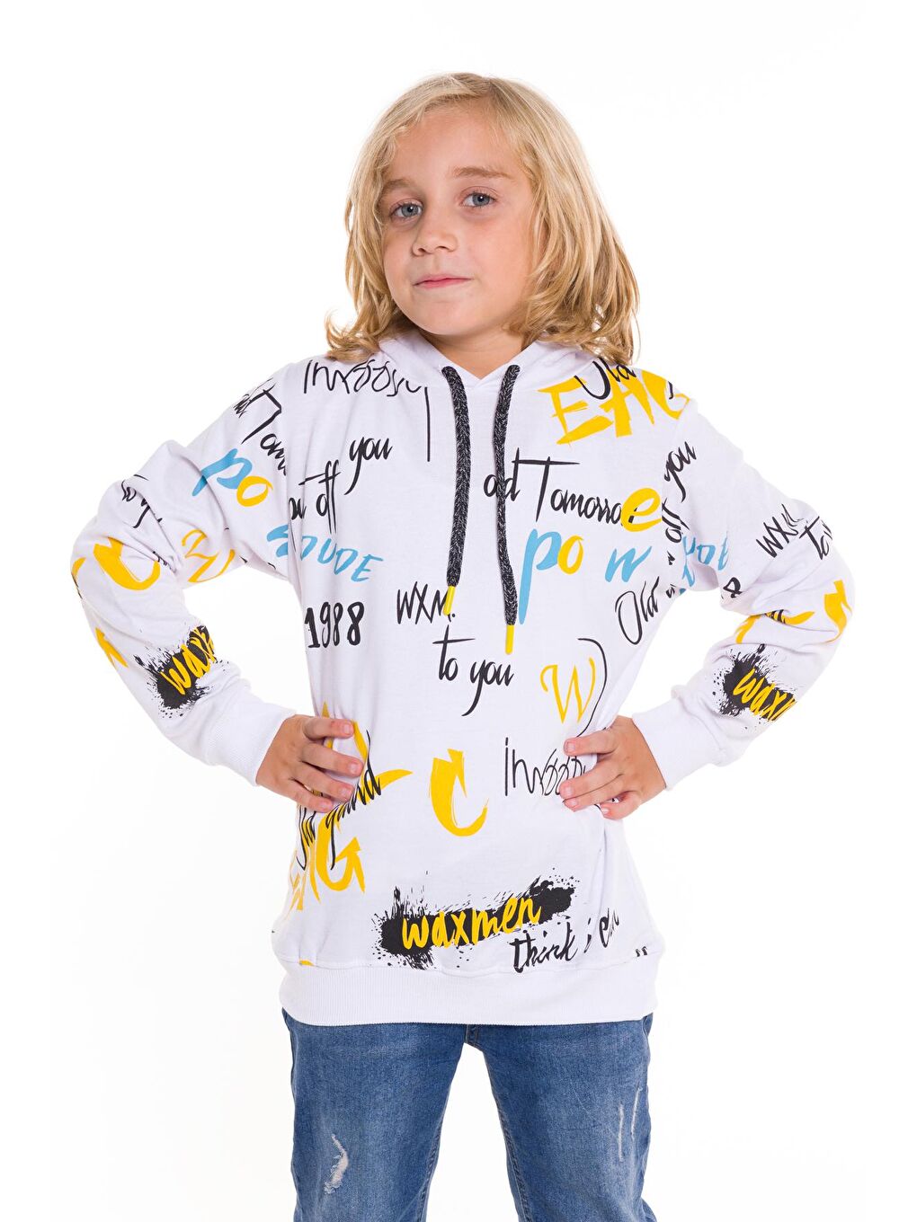 Beyaz Erkek Çocuk Kapüşonlu 2 İplik Sweatshirt 9-14 Yaş 14027-2