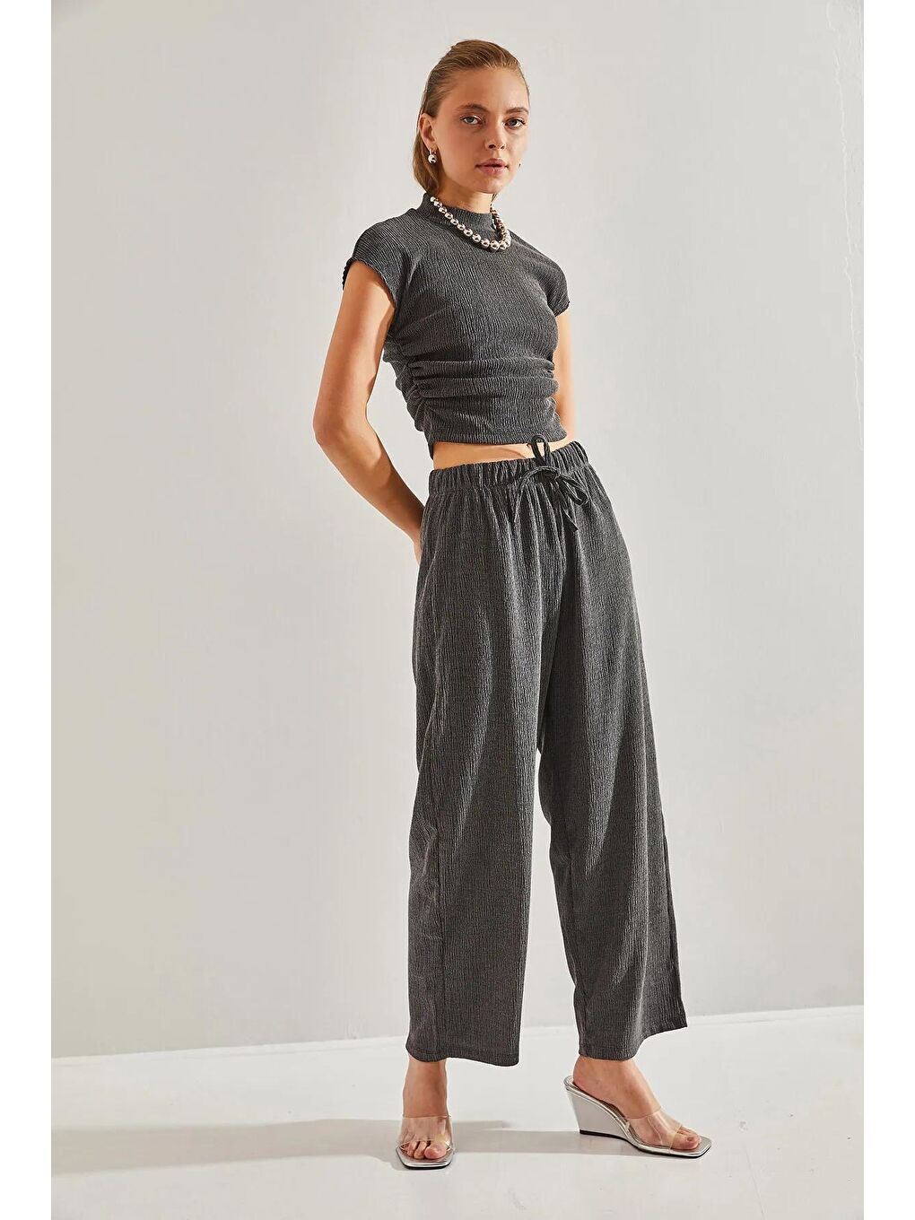 Antrasit Kadın Yıkamalı Fitilli Alt Üst Takım-1