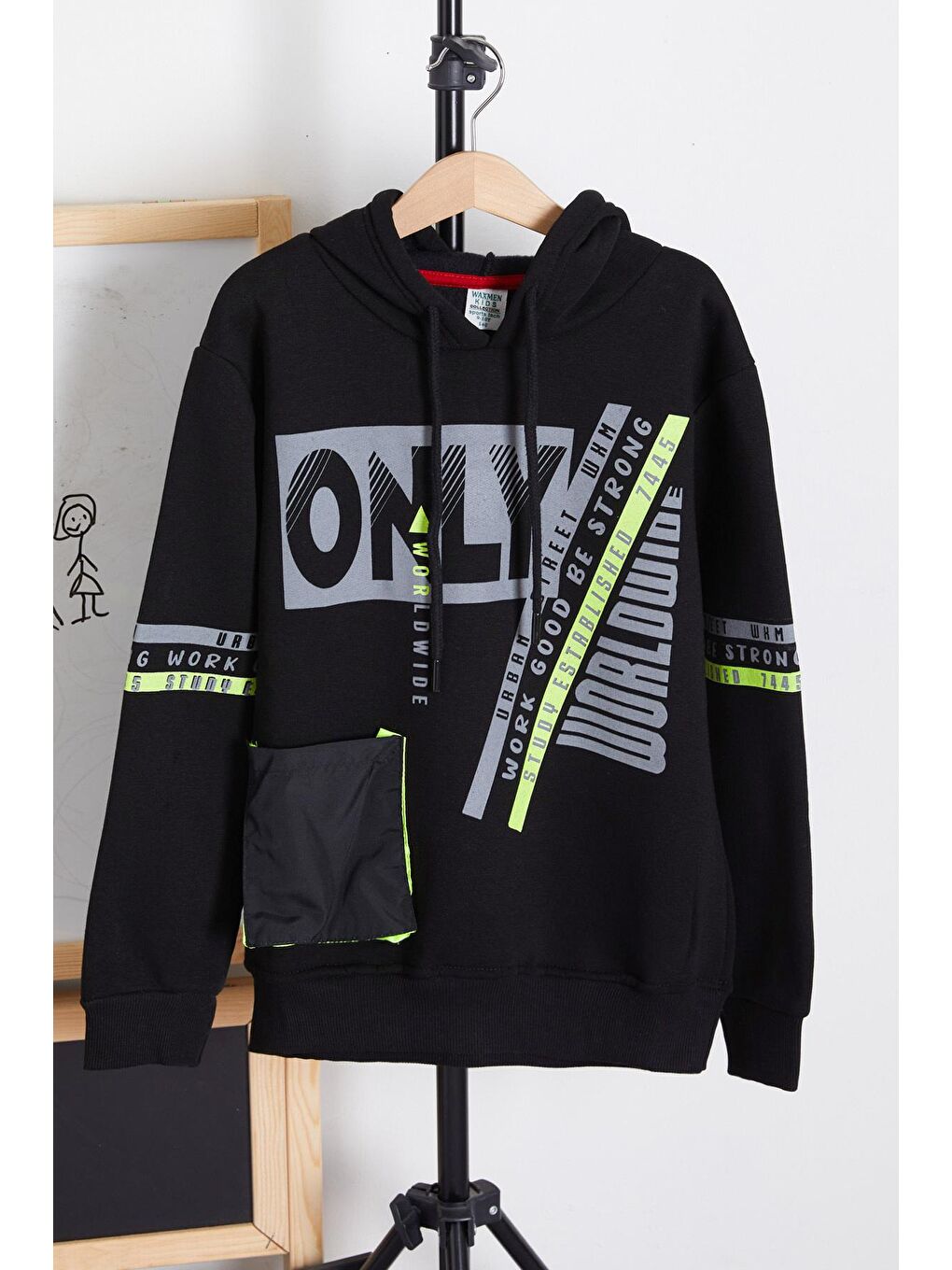 Siyah Erkek Çocuk Only Yazı Baskılı Polarlı Kapüşonlu Sweatshirt 14603-1