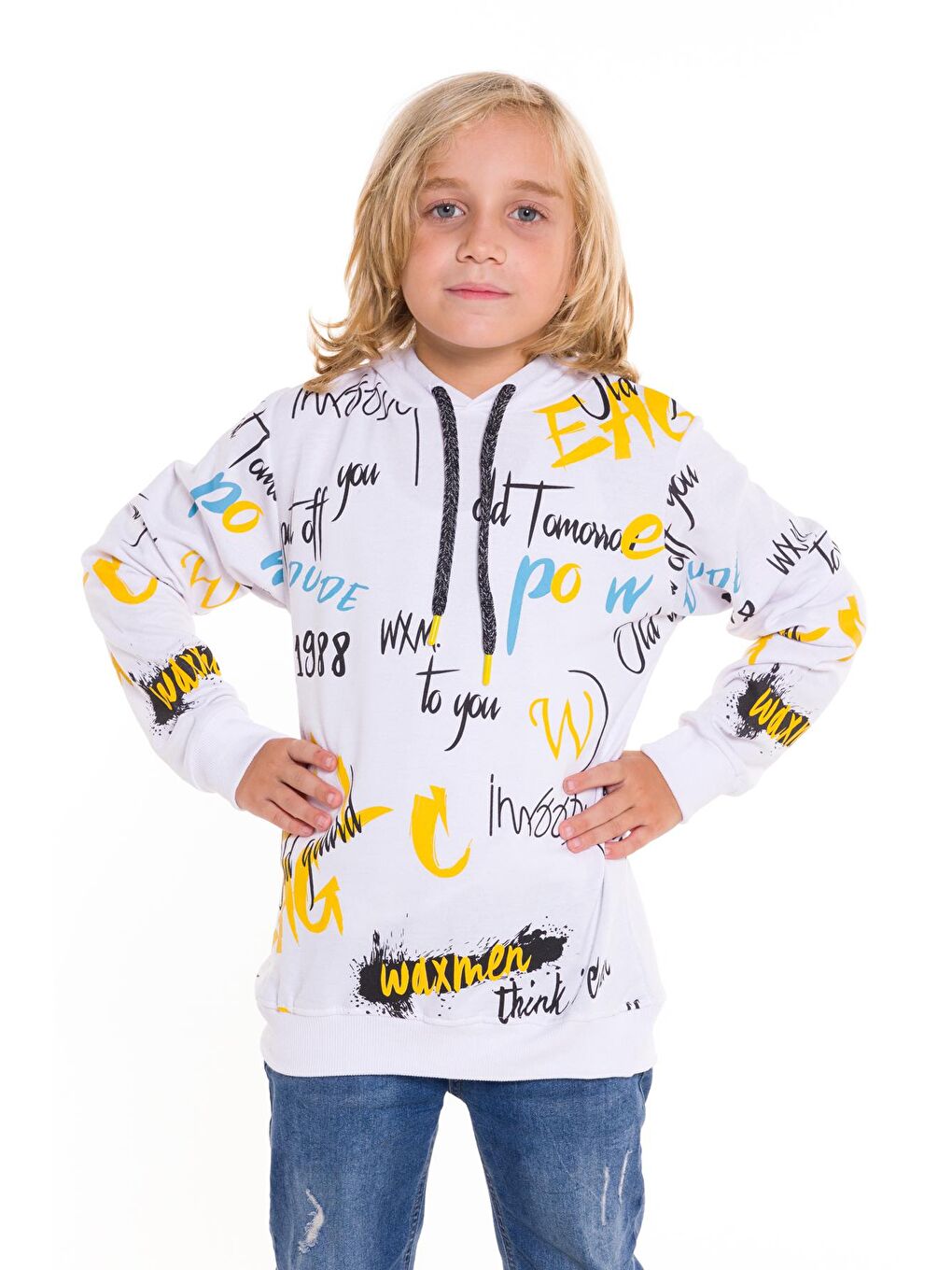 Beyaz Erkek Çocuk Kapüşonlu 2 İplik Sweatshirt 9-14 Yaş 14027-3