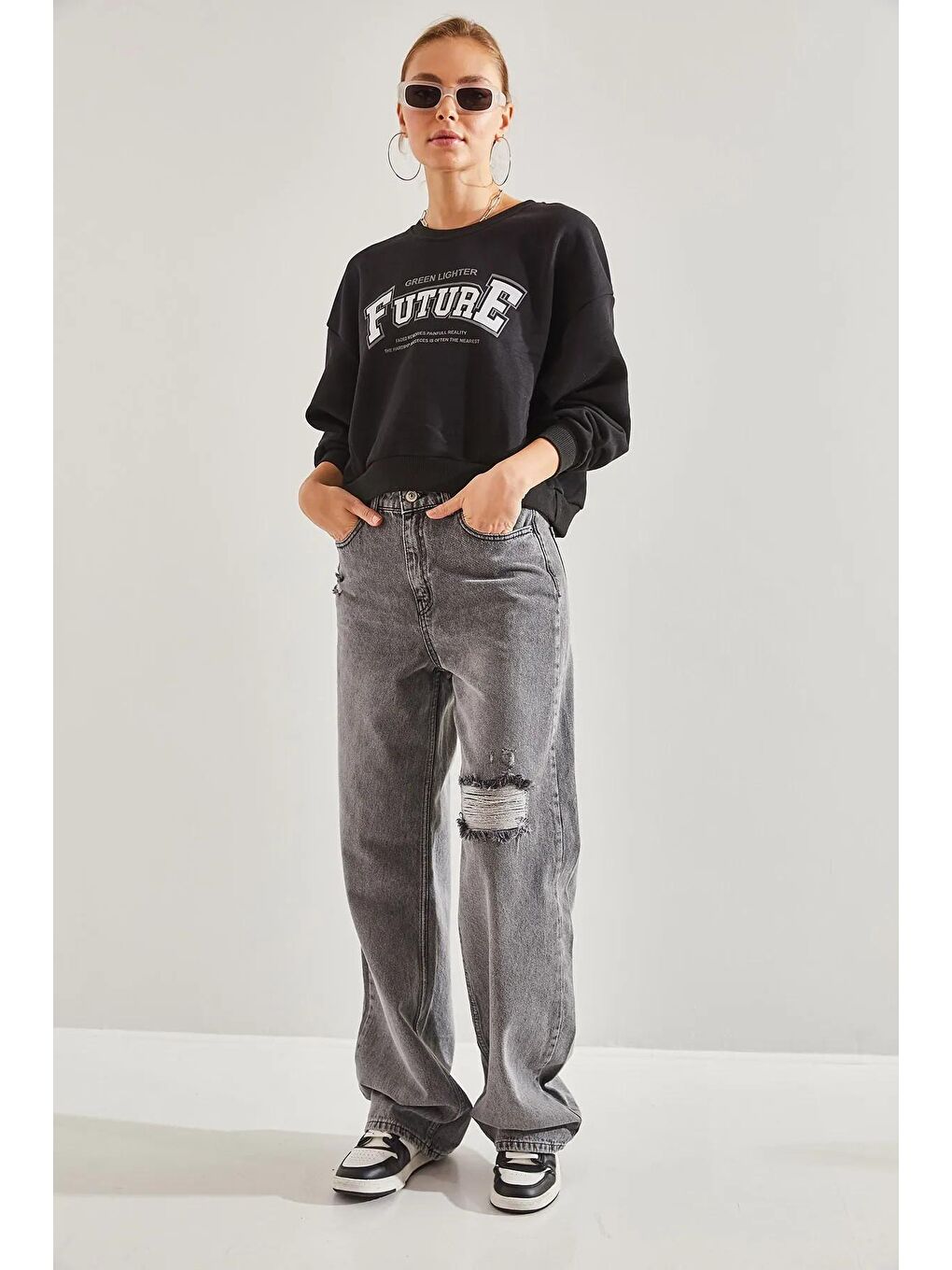 Gri Kadın Yıkamalı Palazzo Pençli Pantolon-2