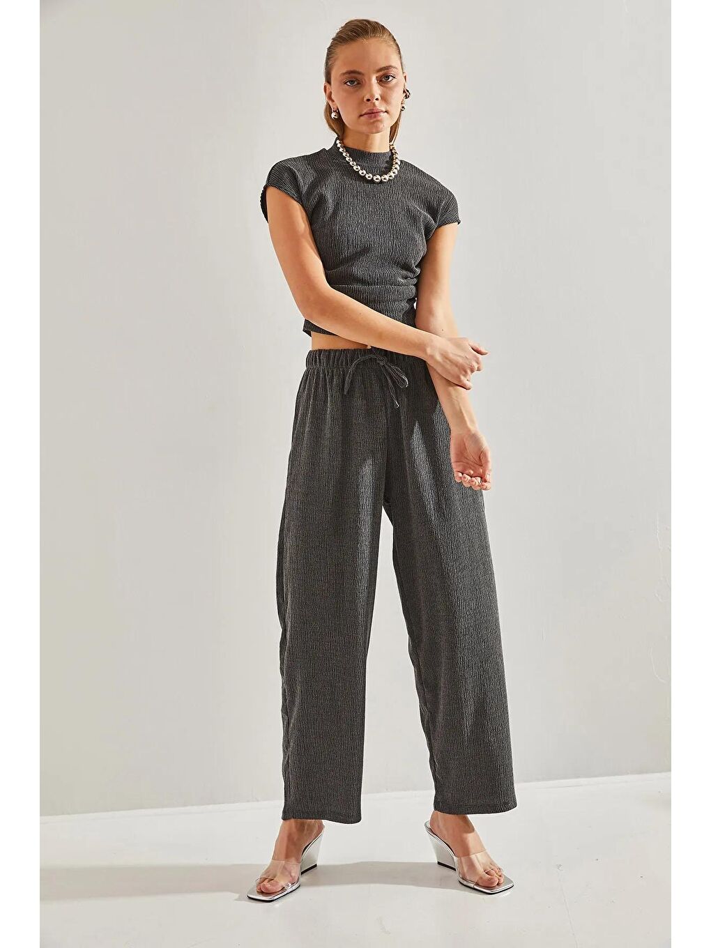 Antrasit Kadın Yıkamalı Fitilli Alt Üst Takım-2