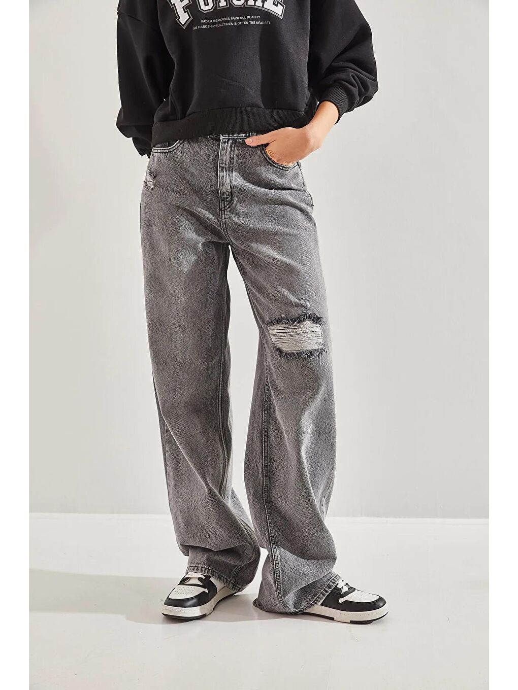 Gri Kadın Yıkamalı Palazzo Pençli Pantolon-3