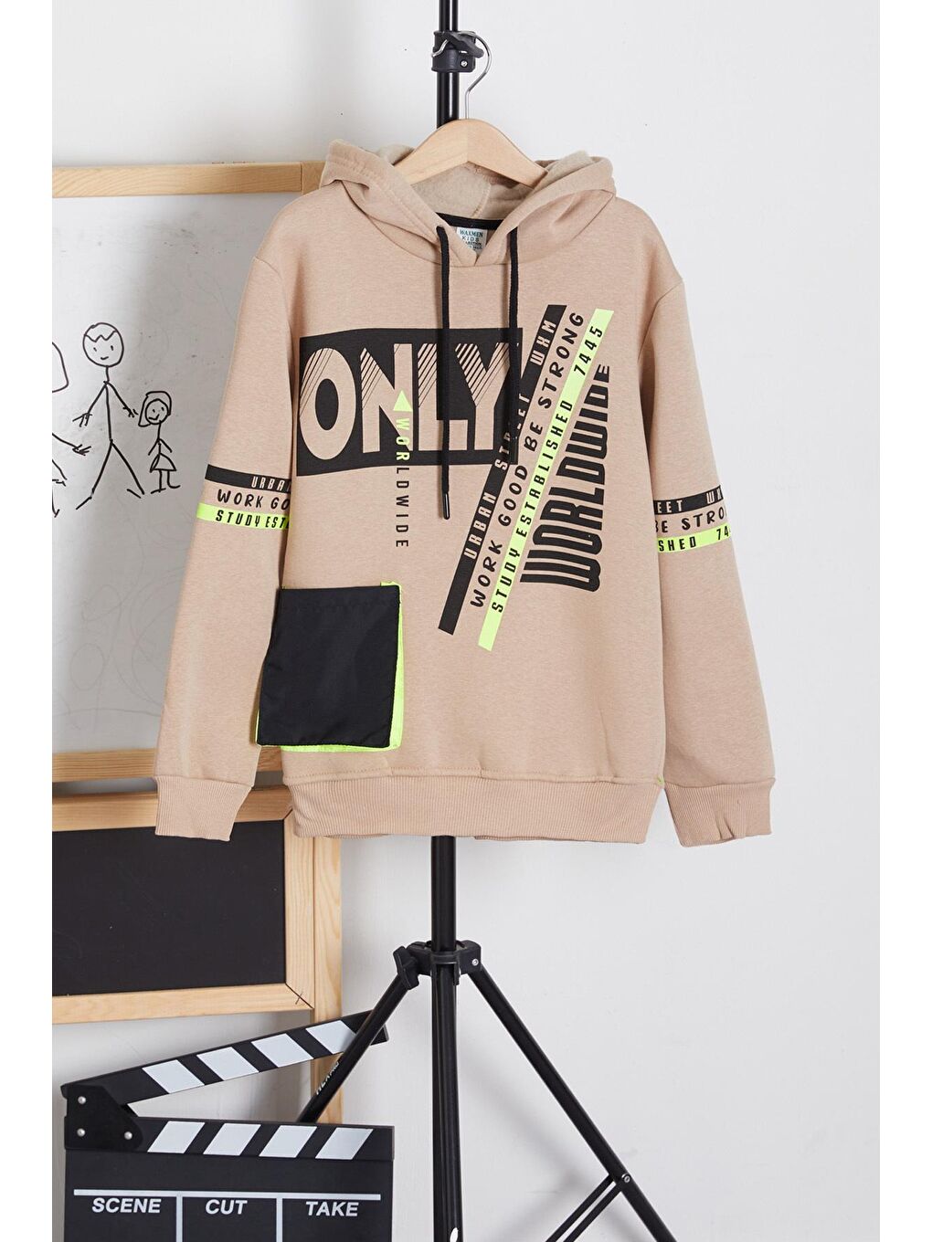 Ekru Erkek Çocuk Only Yazı Baskılı Polarlı Kapüşonlu Sweatshirt 14603