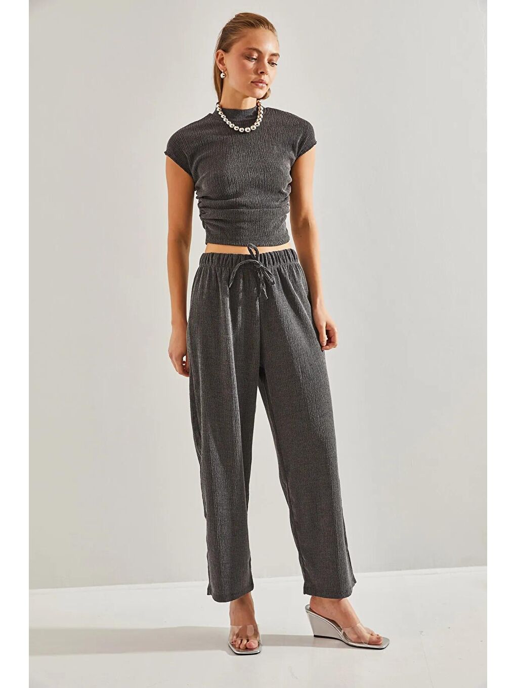 Antrasit Kadın Yıkamalı Fitilli Alt Üst Takım-3