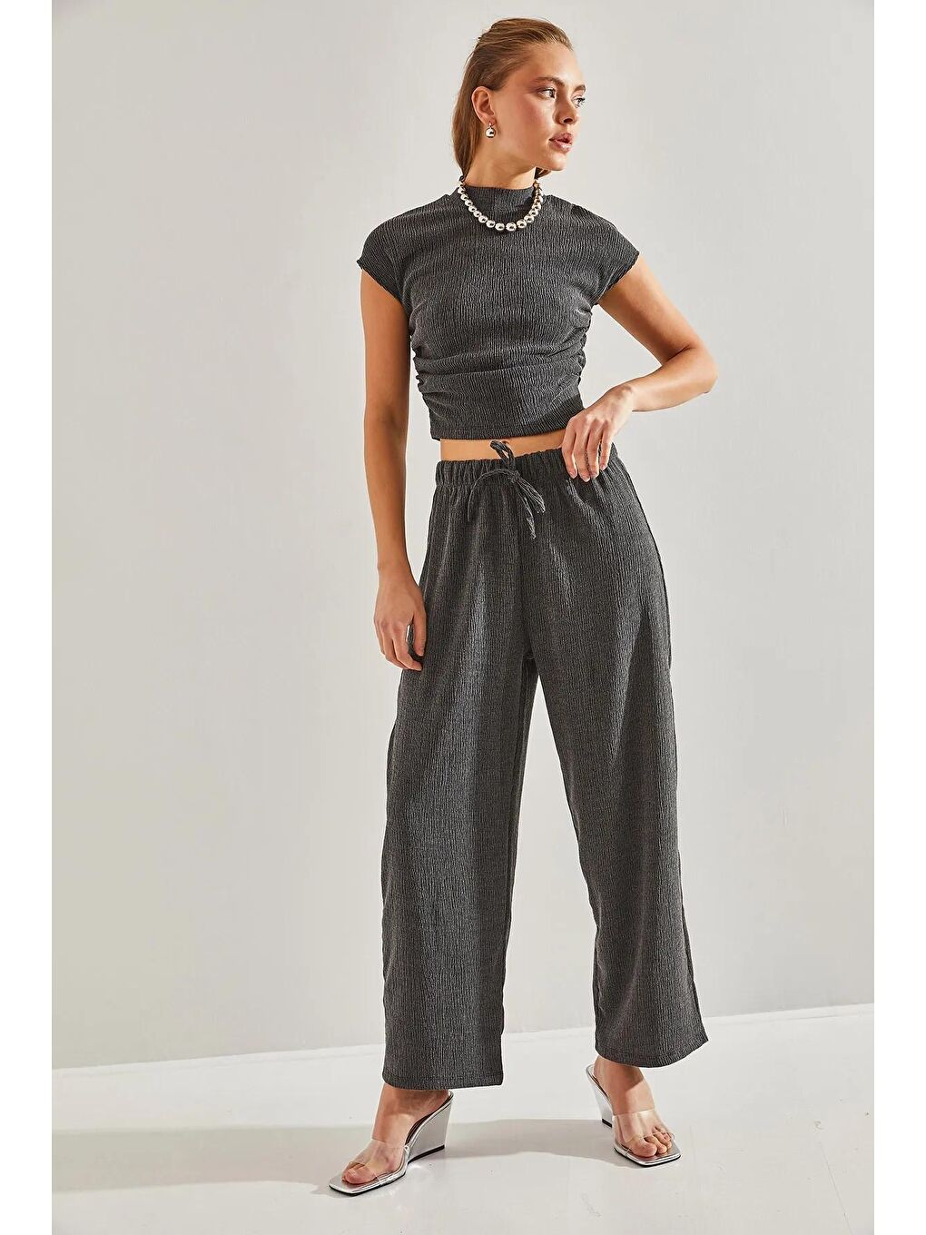 Antrasit Kadın Yıkamalı Fitilli Alt Üst Takım-4