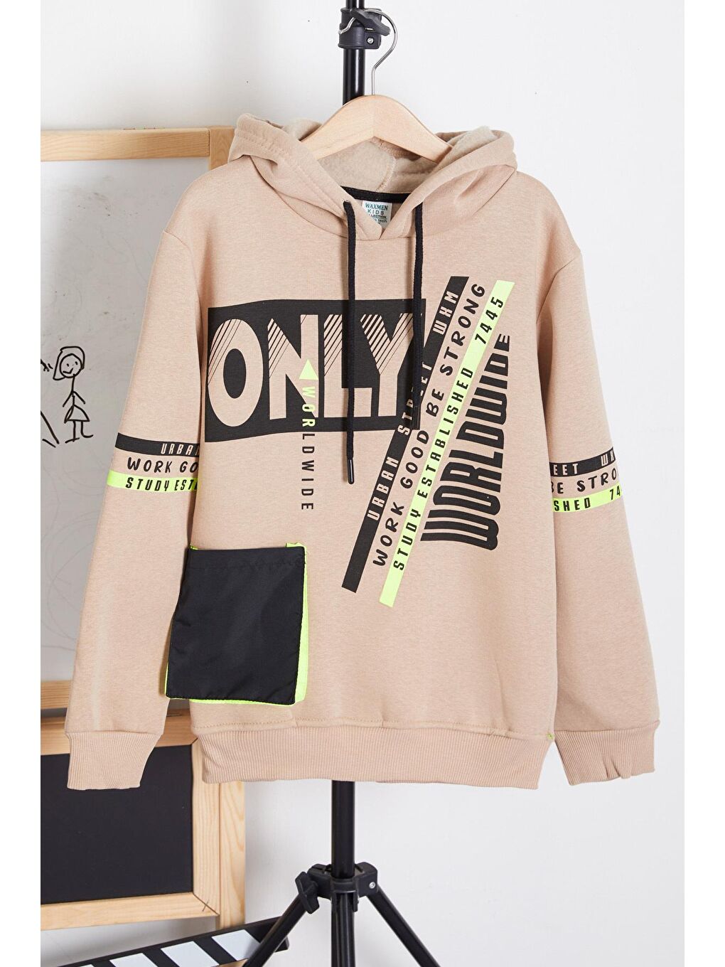 Ekru Erkek Çocuk Only Yazı Baskılı Polarlı Kapüşonlu Sweatshirt 14603-1
