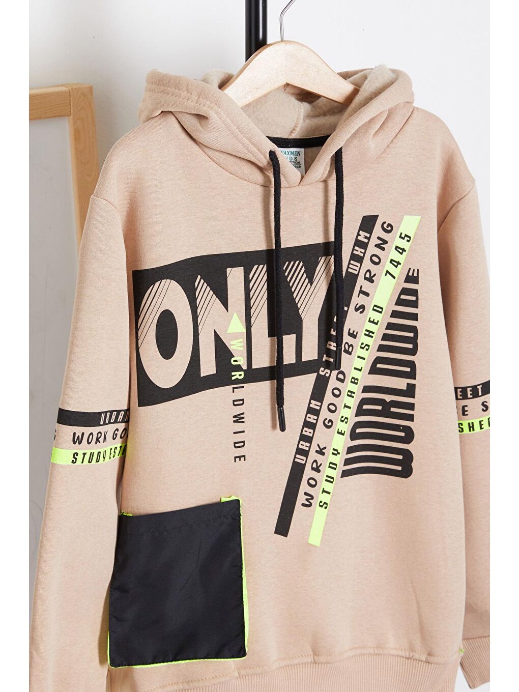 Ekru Erkek Çocuk Only Yazı Baskılı Polarlı Kapüşonlu Sweatshirt 14603-2