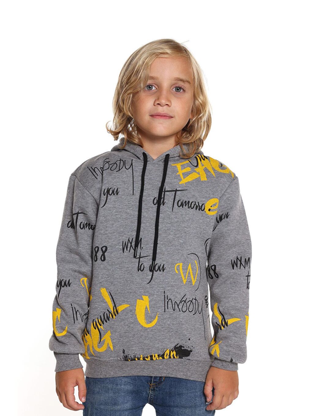 Gri Erkek Çocuk 1988 Yazı Baskılı Kapüşonlu Sweatshirt 14026