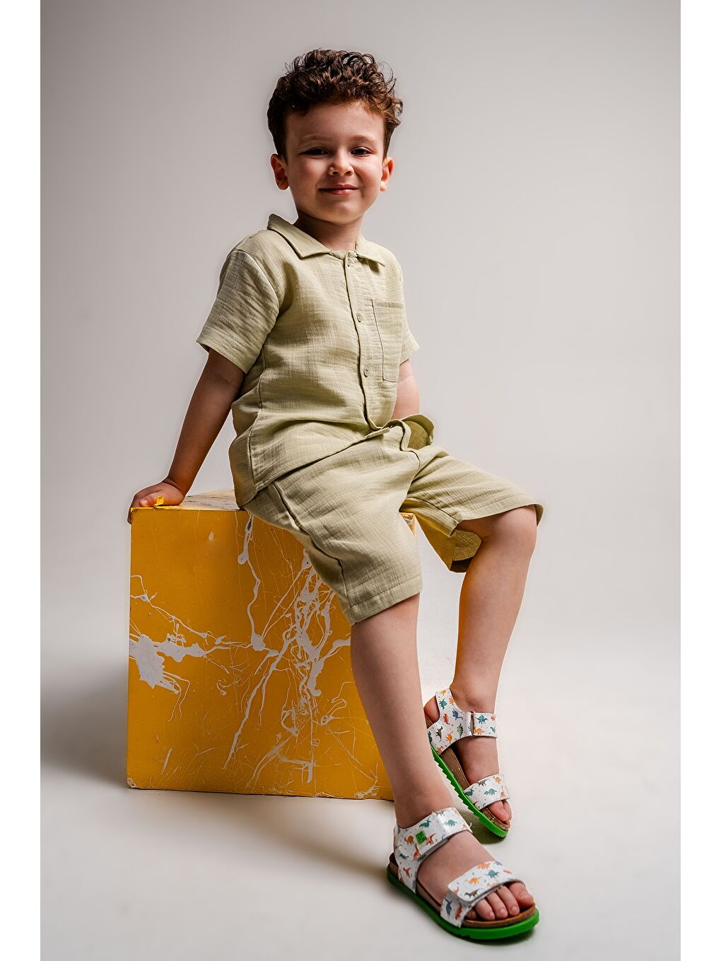 Beyaz Erkek Çocuk Dino Hakiki Deri Mantar Tabanlı Günlük Çocuk Sandalet-1