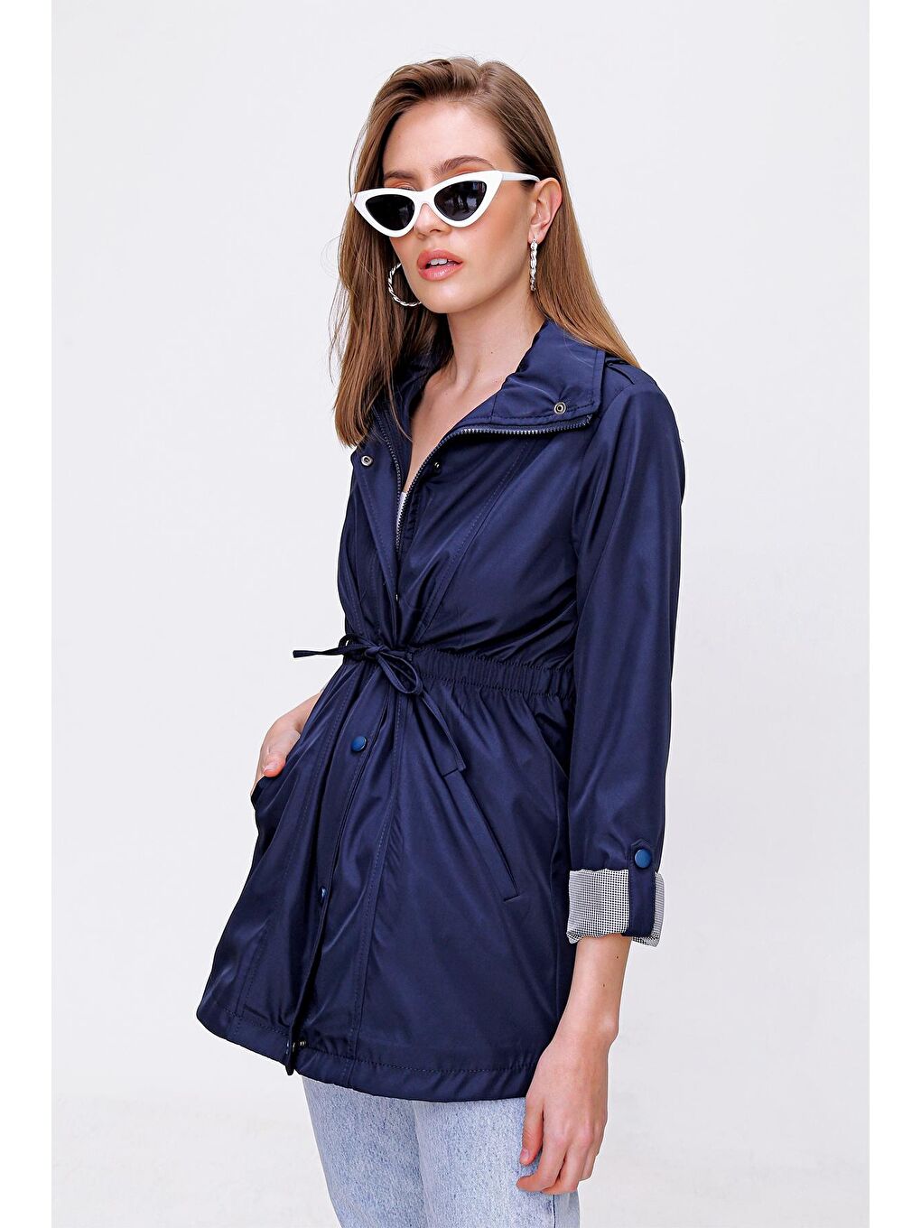 Lacivert Kadın Belden Lastikli Trençkot-1