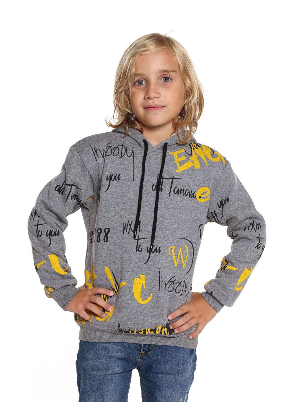 Gri Erkek Çocuk 1988 Yazı Baskılı Kapüşonlu Sweatshirt 14026-1