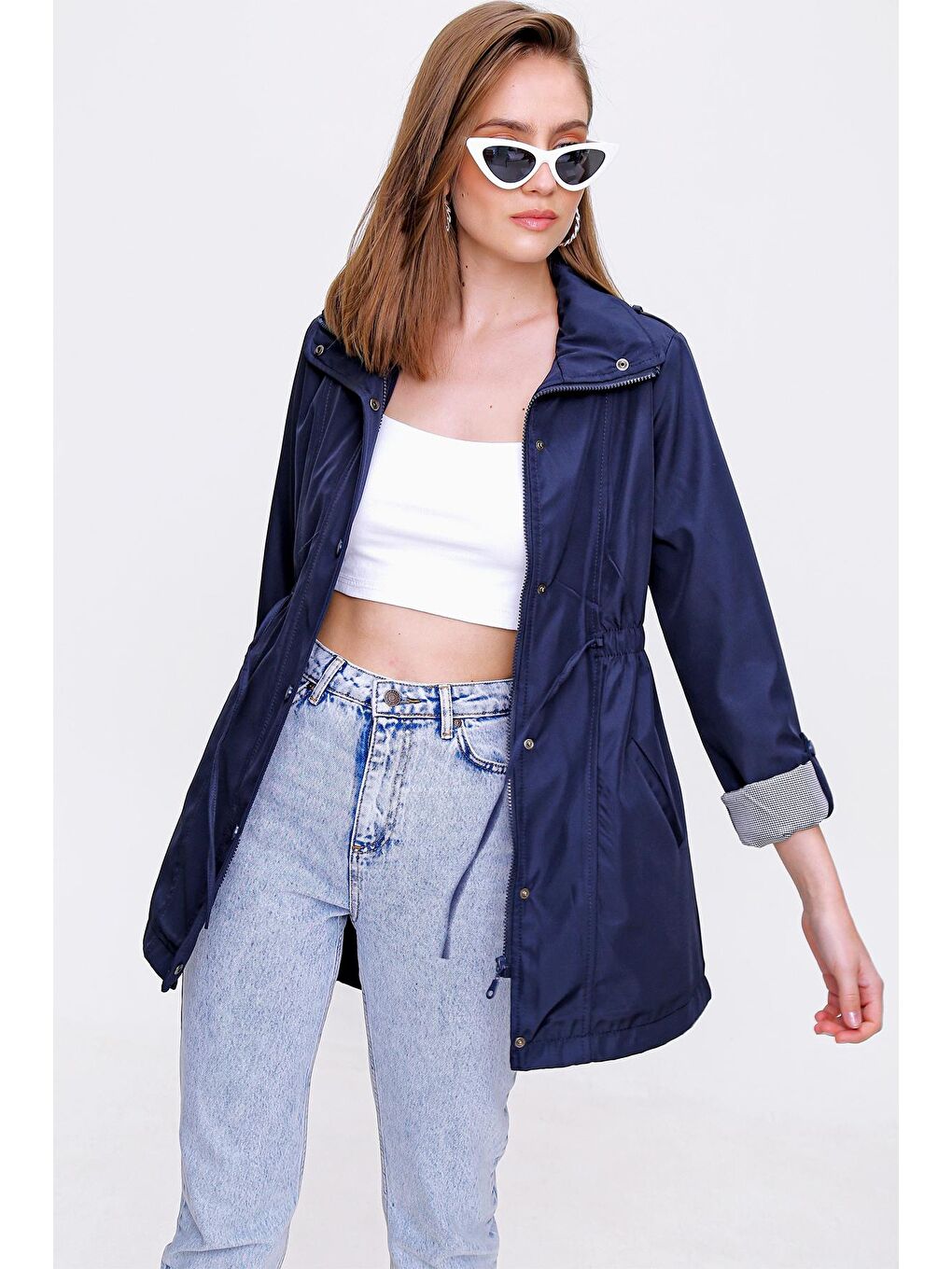 Lacivert Kadın Belden Lastikli Trençkot-2