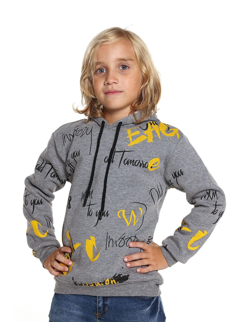 Gri Erkek Çocuk 1988 Yazı Baskılı Kapüşonlu Sweatshirt 14026-2