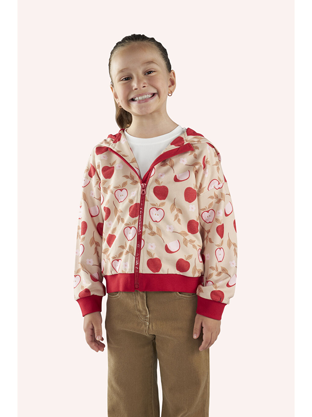 Kız Çocuk Fermuarlı Elma Desenli Bej Sweatshirt-2