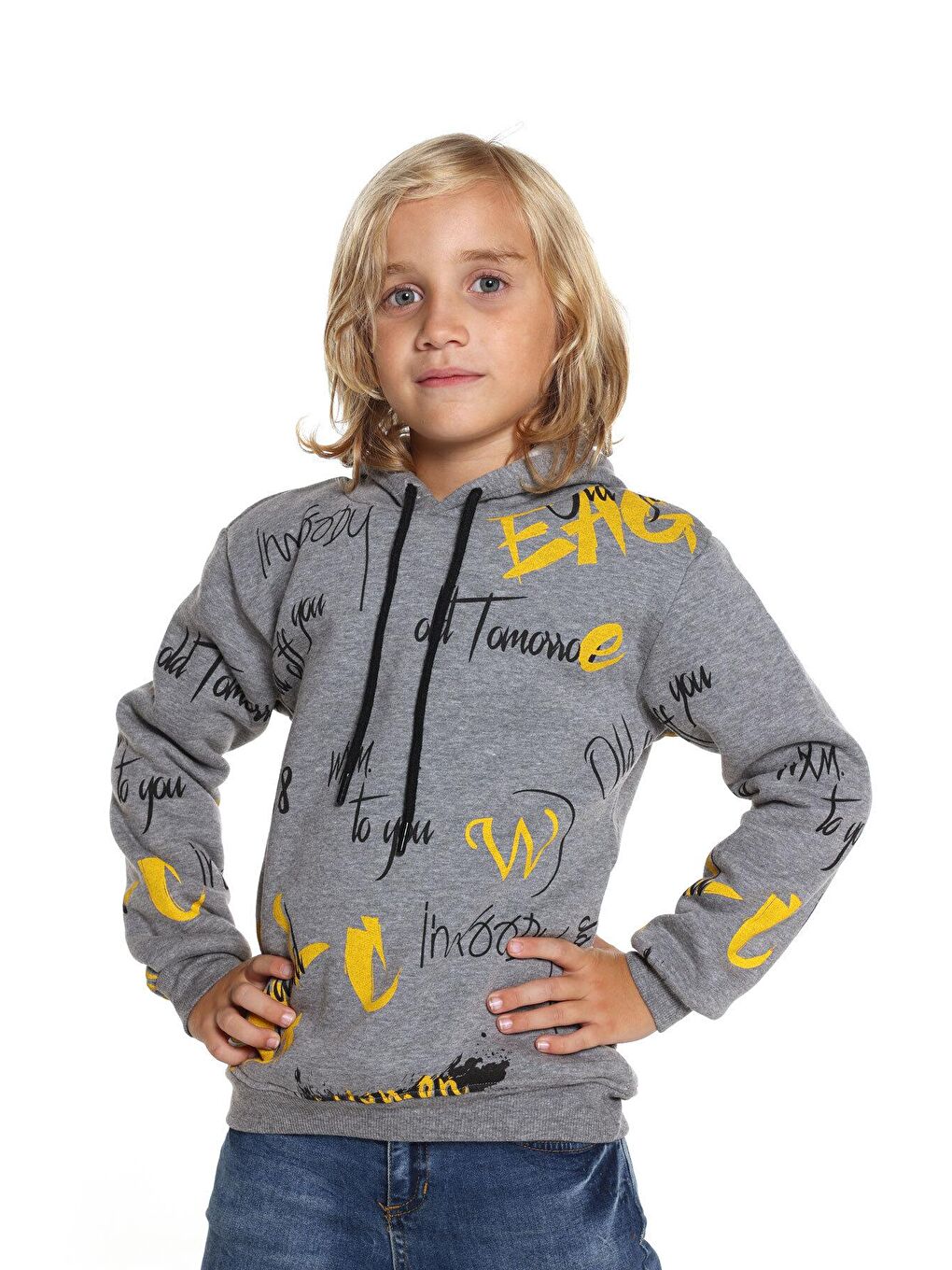 Gri Erkek Çocuk 1988 Yazı Baskılı Kapüşonlu Sweatshirt 14026-3