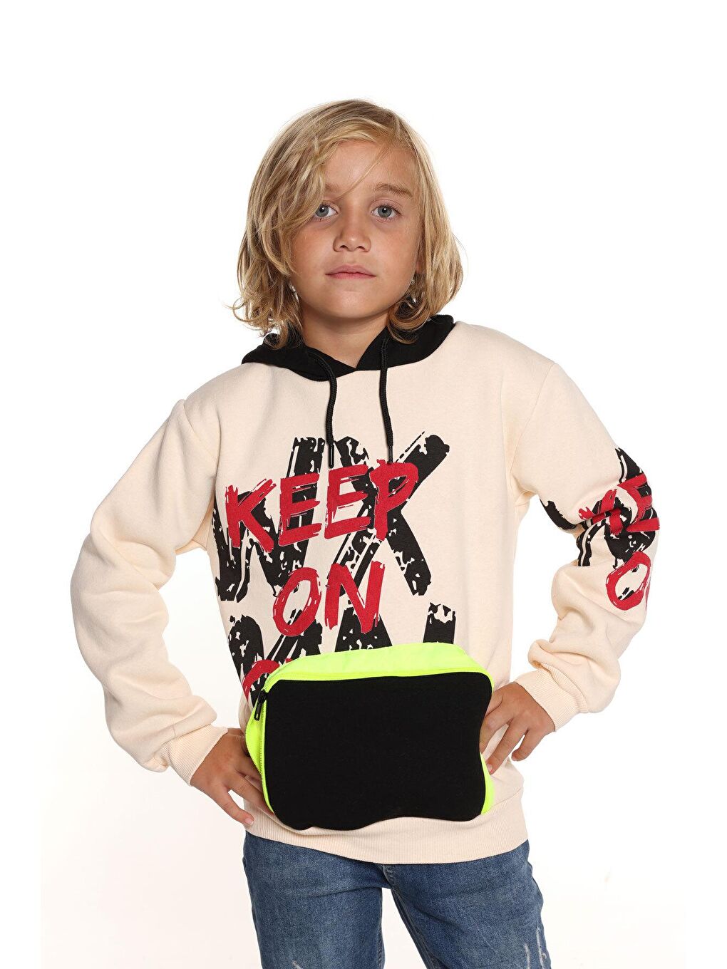Ekru Erkek Çocuk Keep On Yazı Baskılı Kapüşonlu Sweatshirt 14137-1