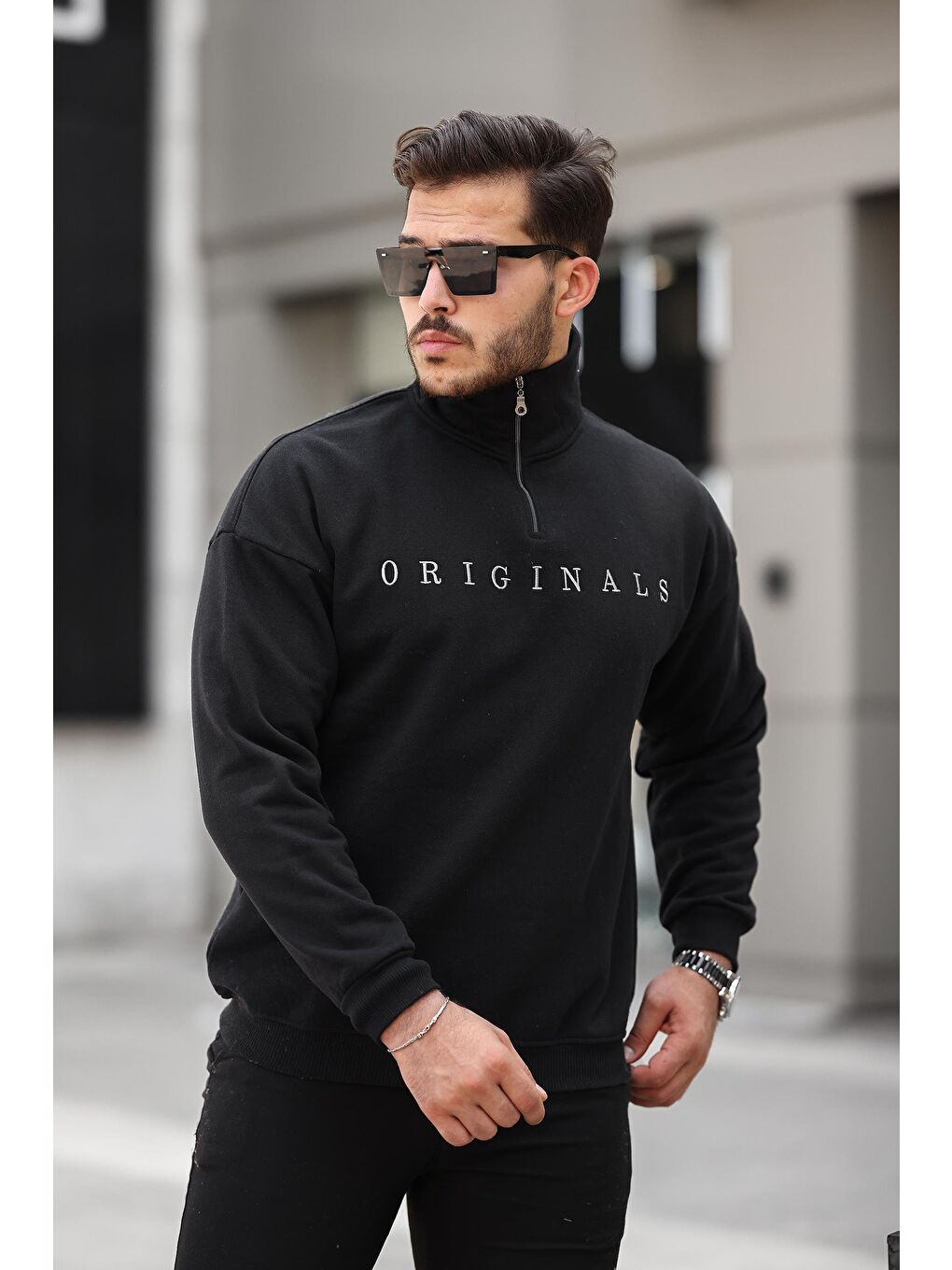 Miron Siyah Originals Nakış Detaylı Fermuarlı Oversize Sweatshirt-Siyah