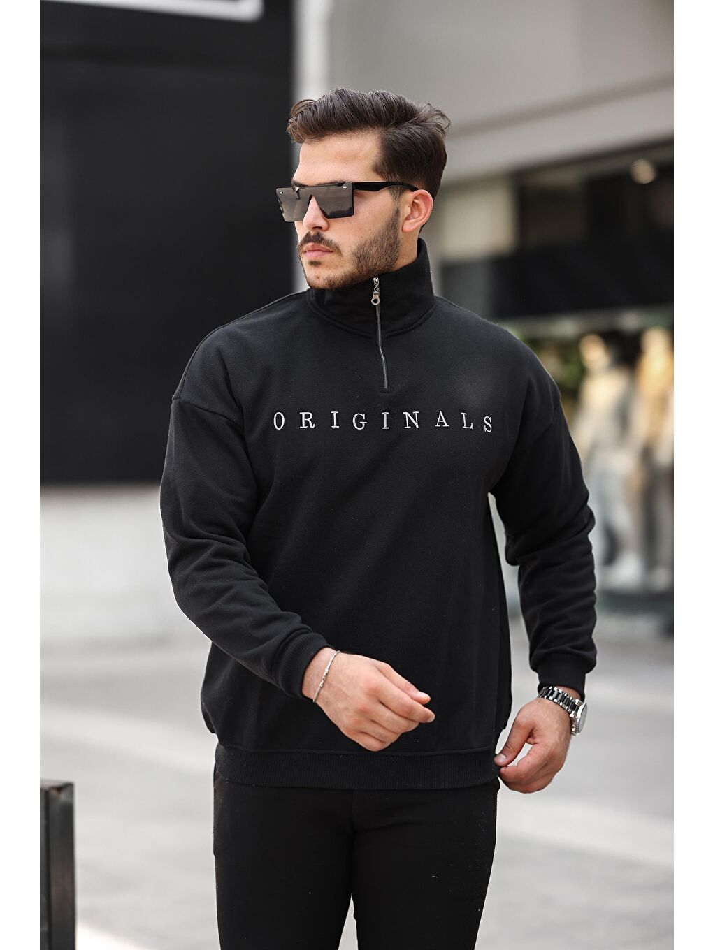 Miron Siyah Originals Nakış Detaylı Fermuarlı Oversize Sweatshirt-Siyah - 1