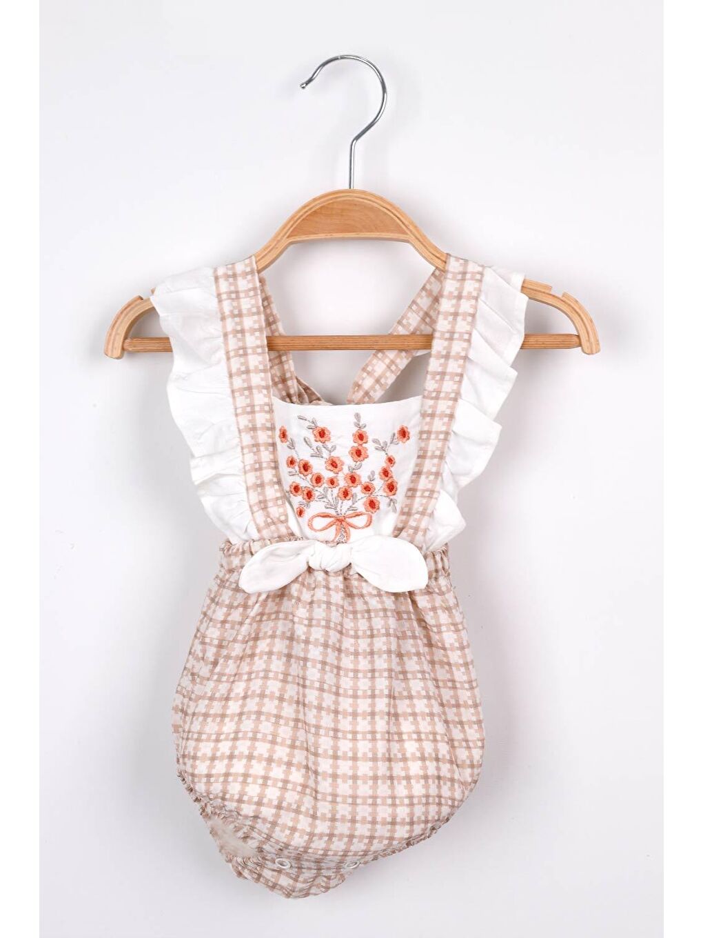 Bej Ön Kısmı Çiçek Detaylı Potikareli Kız Bebek Romper Tulum - Zendaya