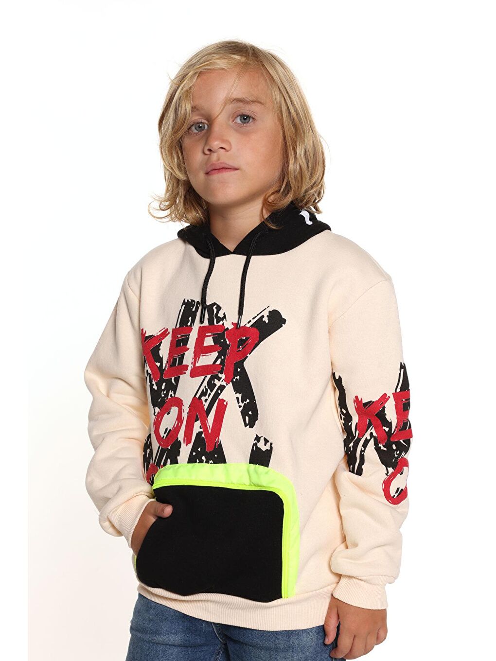 Ekru Erkek Çocuk Keep On Yazı Baskılı Kapüşonlu Sweatshirt 14137-2