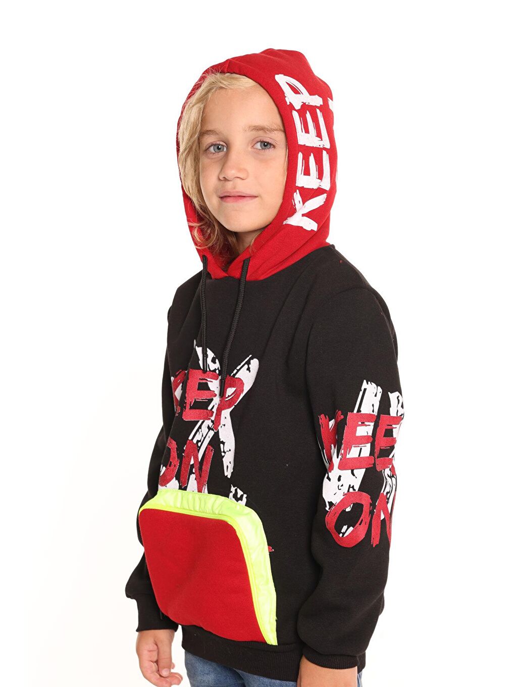 Siyah Erkek Çocuk Keep On Yazı Baskılı Kapüşonlu Sweatshirt 14137