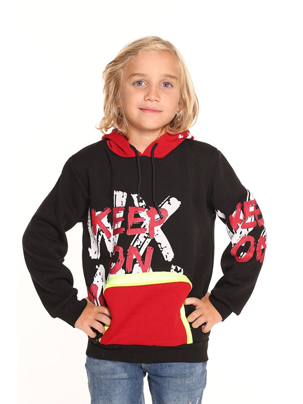Siyah Erkek Çocuk Keep On Yazı Baskılı Kapüşonlu Sweatshirt 14137-1
