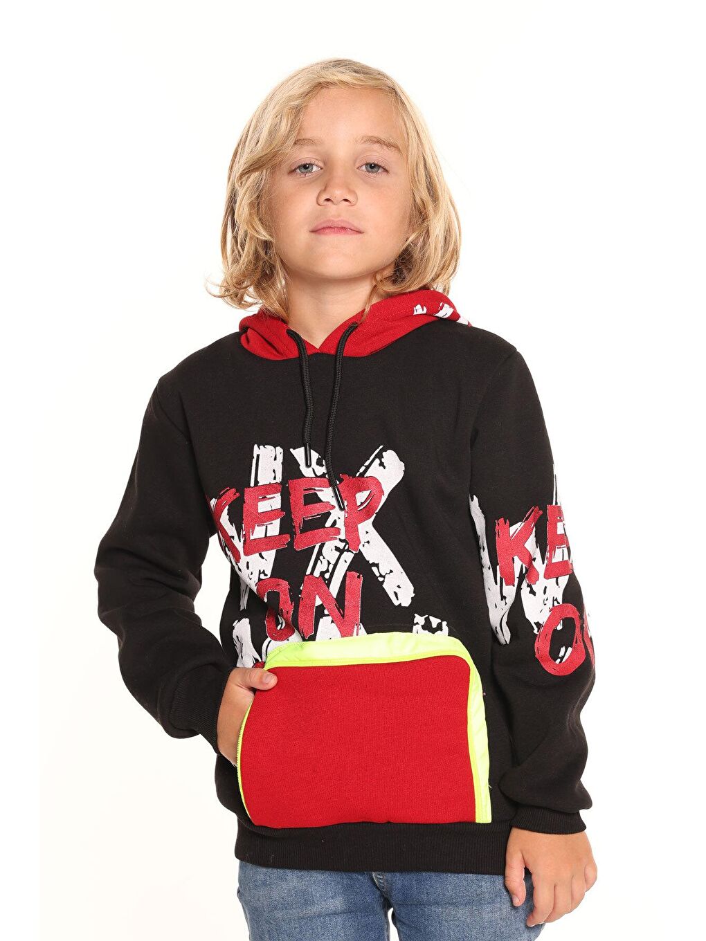 Siyah Erkek Çocuk Keep On Yazı Baskılı Kapüşonlu Sweatshirt 14137-2
