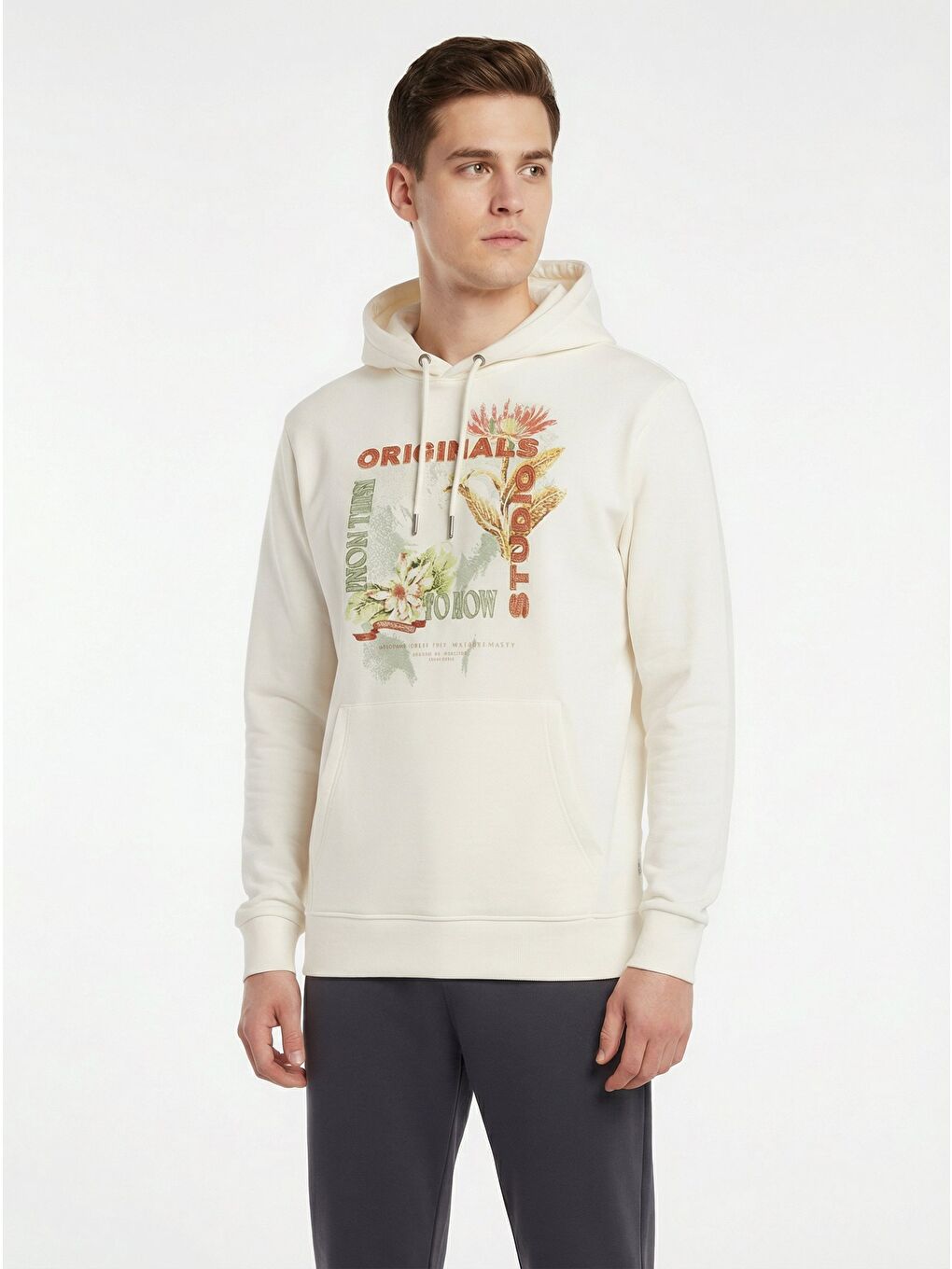 Lucca Graphic Erkek Ekru Kapüşonlu Sweatshirt