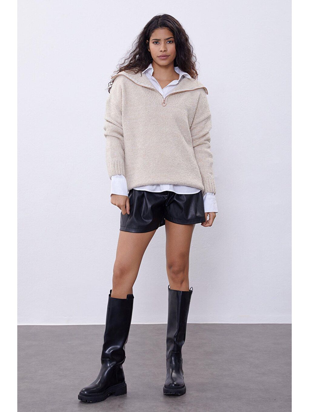 Bej Fermuarlı Triko Kazak-2