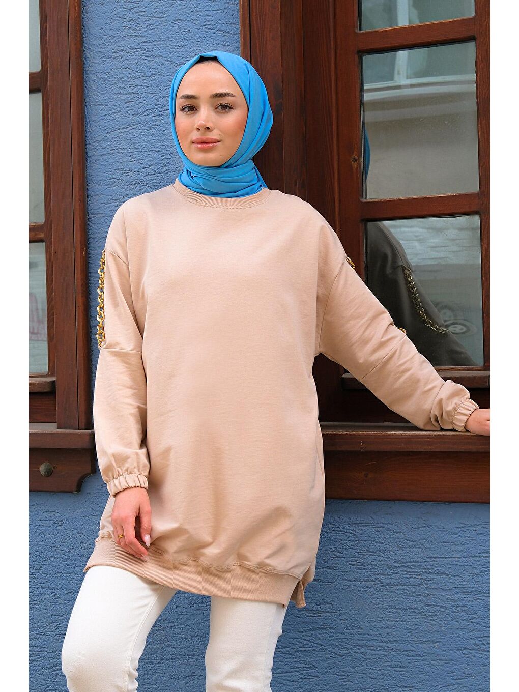 Bisiklet Yaka Omuzları Zincir Detaylı Tunik Bej-1