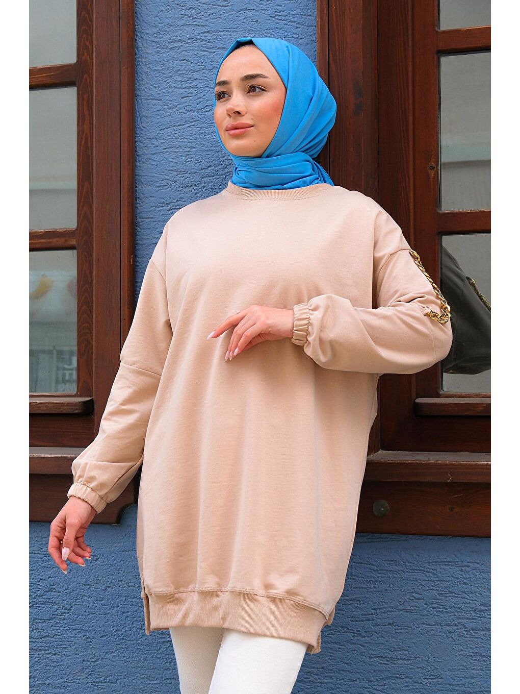 Bisiklet Yaka Omuzları Zincir Detaylı Tunik Bej-2