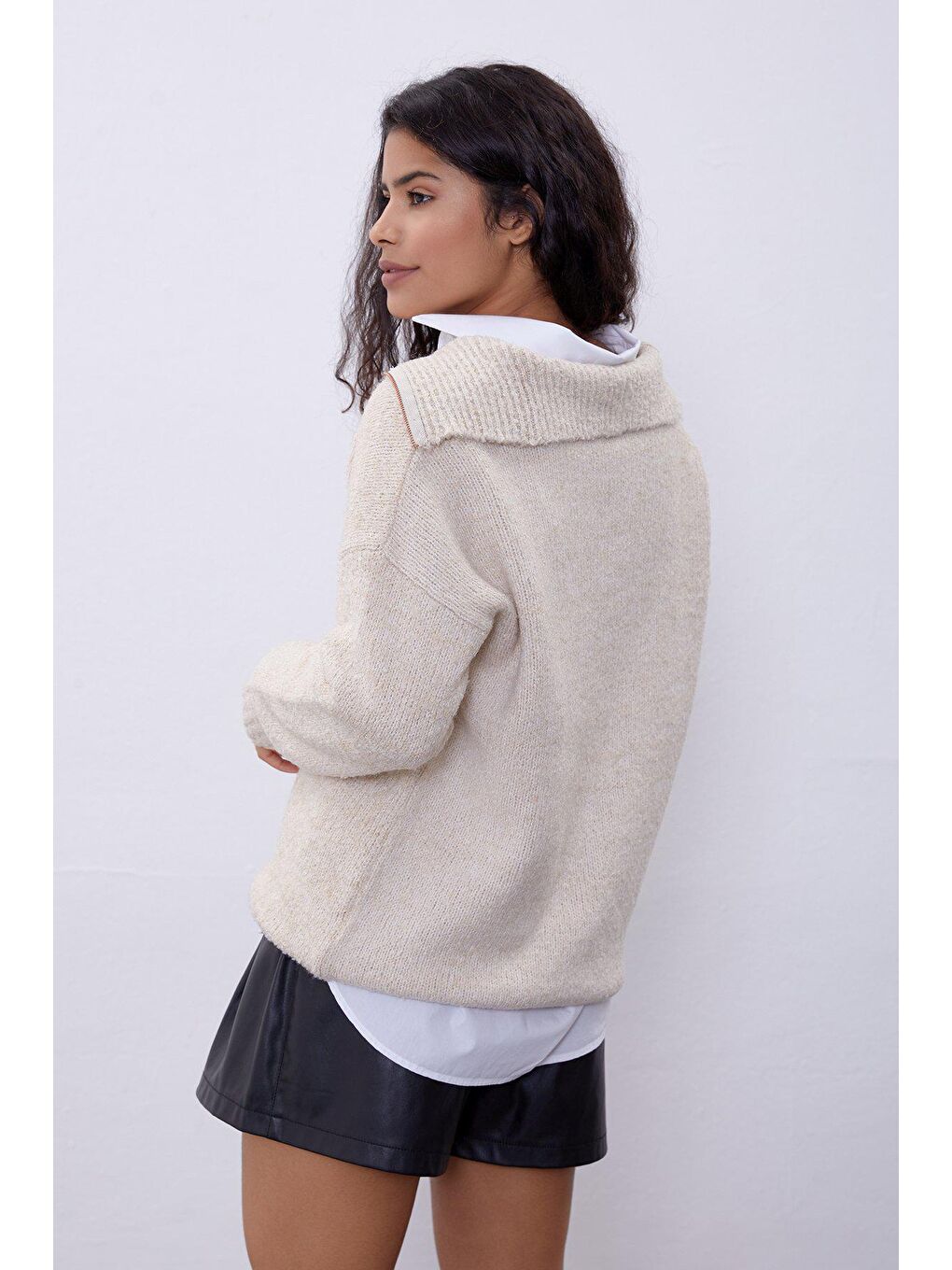 Bej Fermuarlı Triko Kazak-4