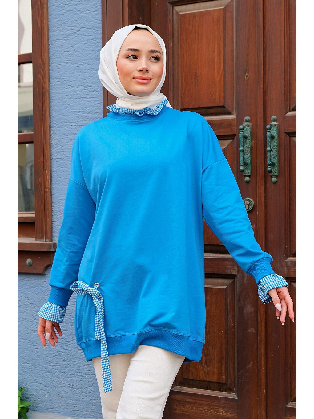 Bisiklet Yaka Omuzları Zincir Detaylı Tunik Mavi-1