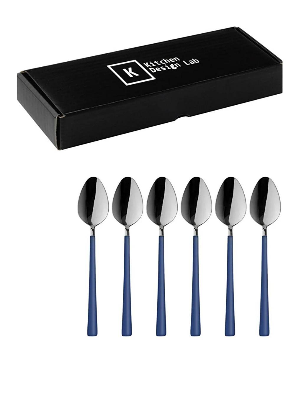 Parlak Gümüş Mavi Tatlı ve Dondurma Kaşığı 6 Adet Kutulu Paslanmaz Çelik Kahvaltı Kaşık Seti-1