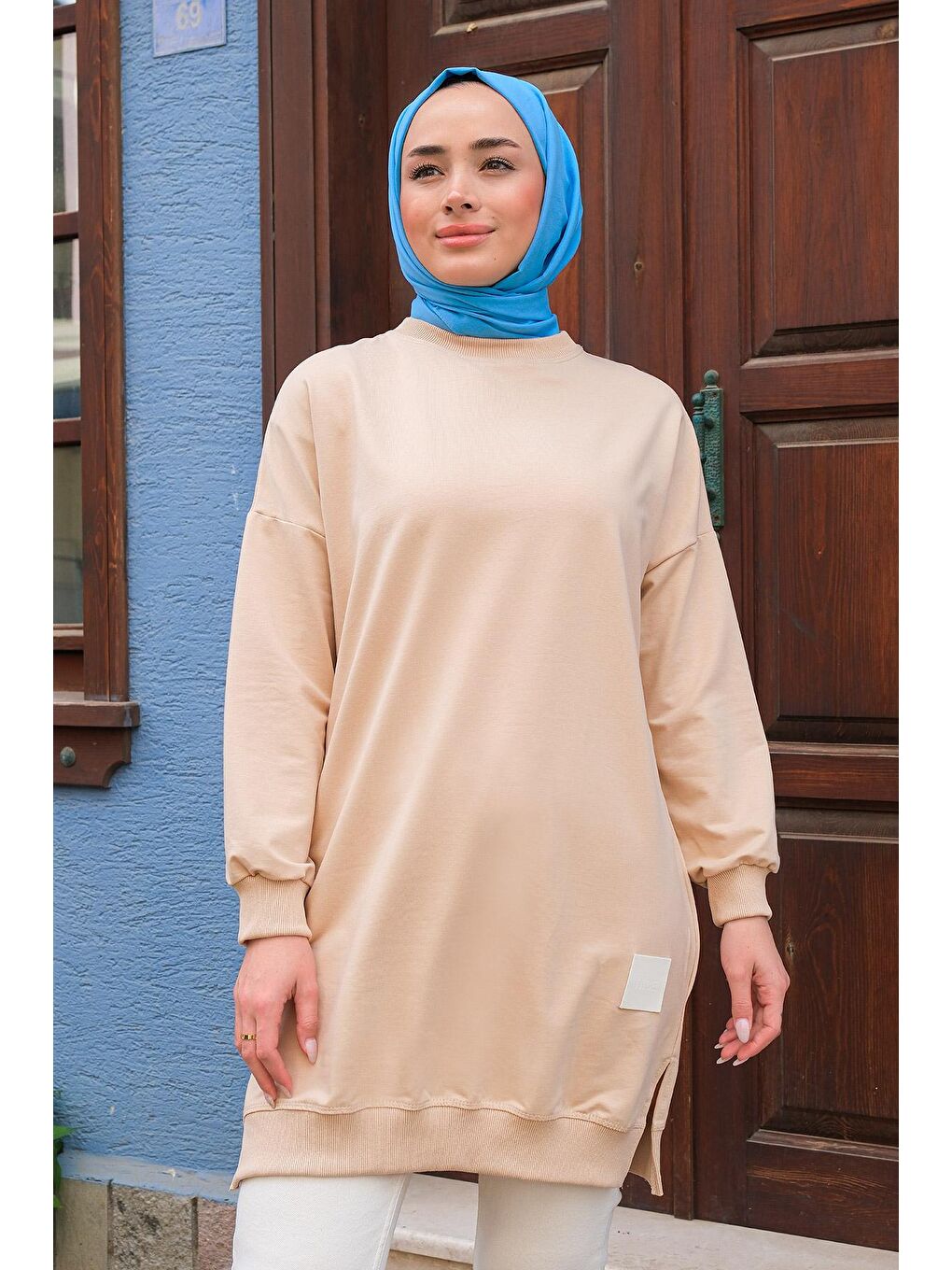 Ekru Arma Detaylı Bisiklet Yaka Tunik Krem