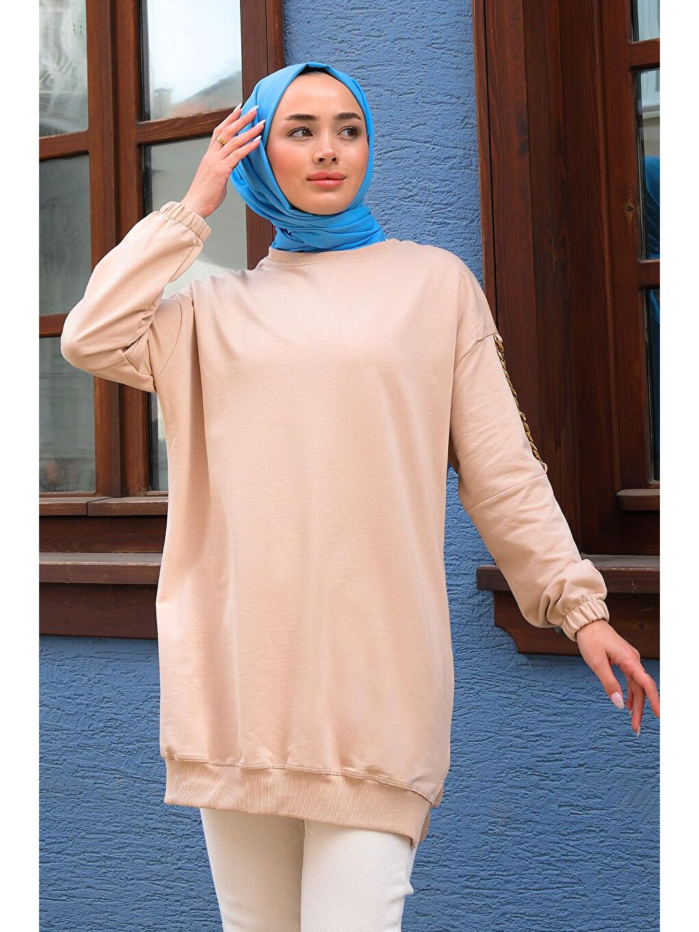 Bisiklet Yaka Omuzları Zincir Detaylı Tunik Bej-4