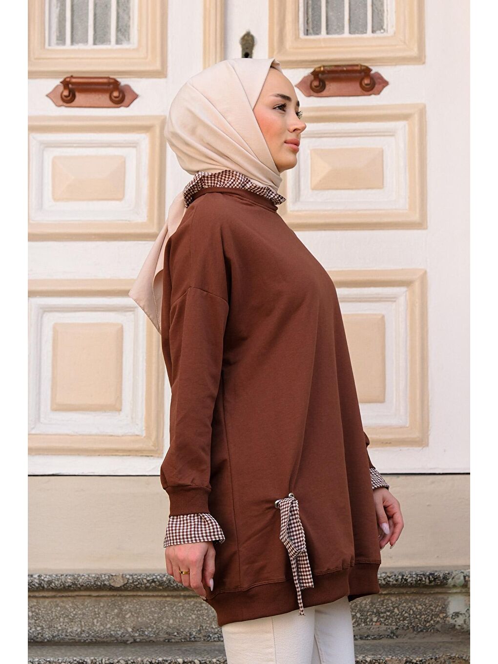 Kolları Gofre Detaylı Tunik Kahverengi-3