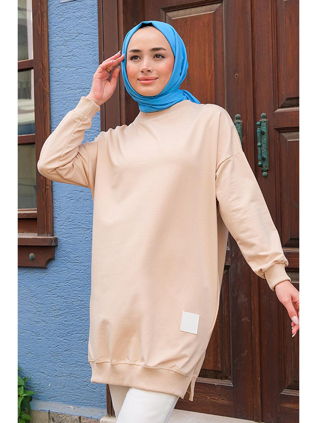 Ekru Arma Detaylı Bisiklet Yaka Tunik Krem-1