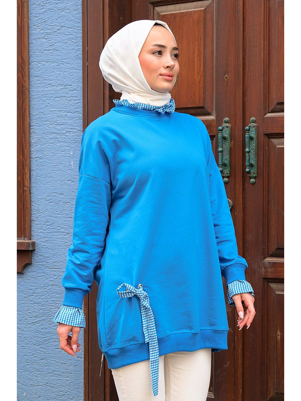 Bisiklet Yaka Omuzları Zincir Detaylı Tunik Mavi-3