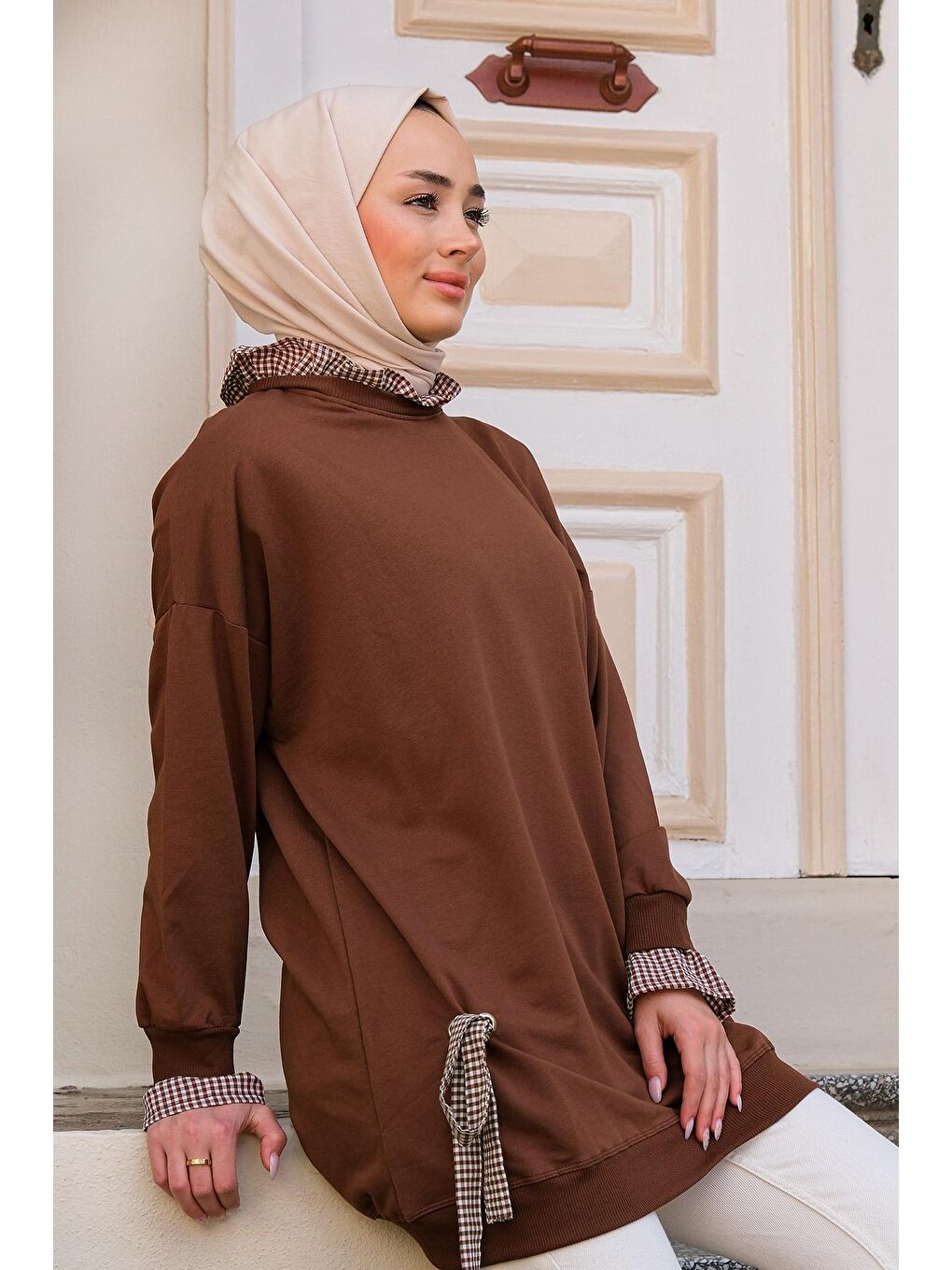 Kolları Gofre Detaylı Tunik Kahverengi-4