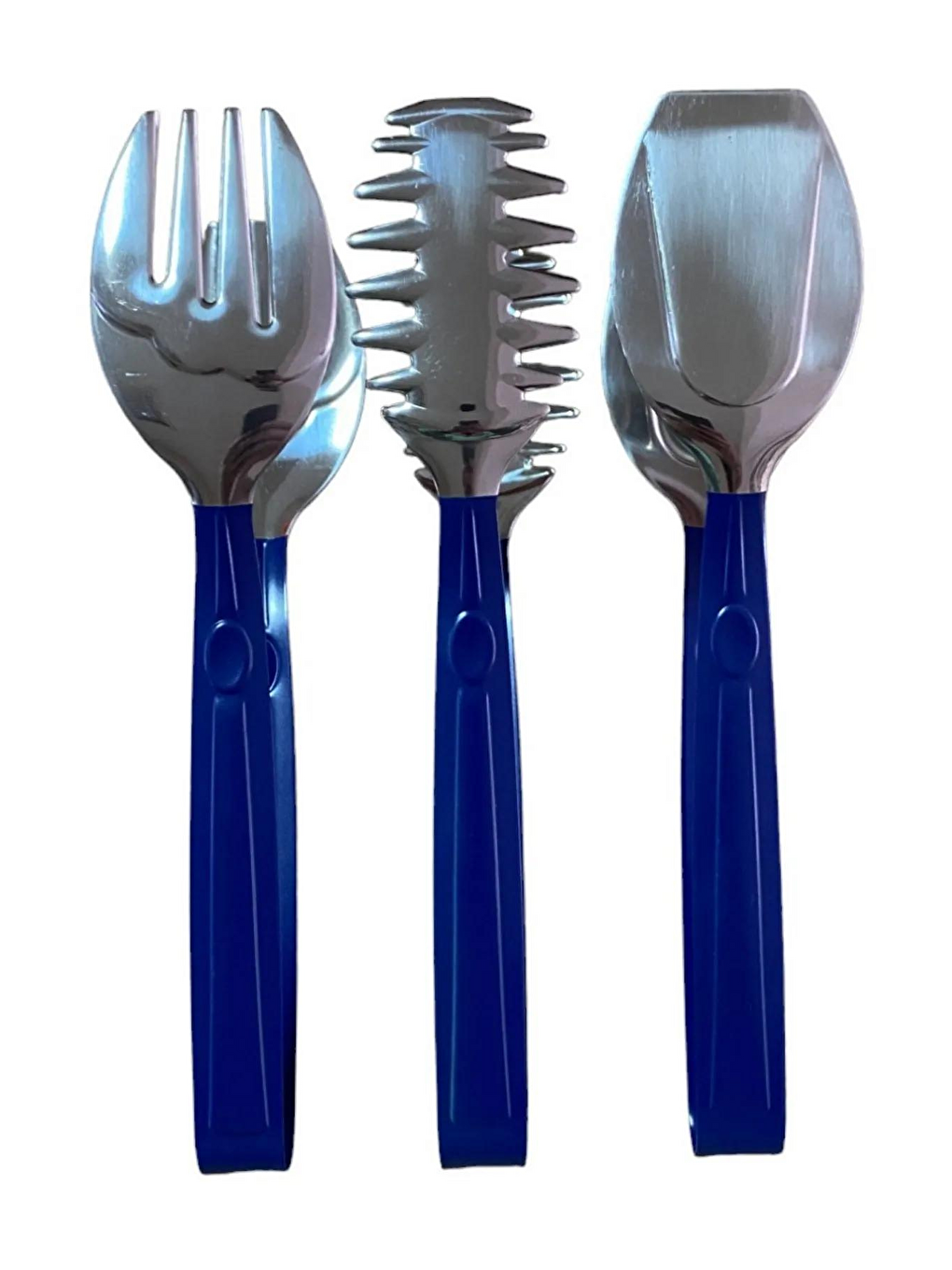 3 Parça Gümüş Mavi Paslanmaz Çelik Makarna Salata Pasta Maşa Seti Paslanmaz Çelik